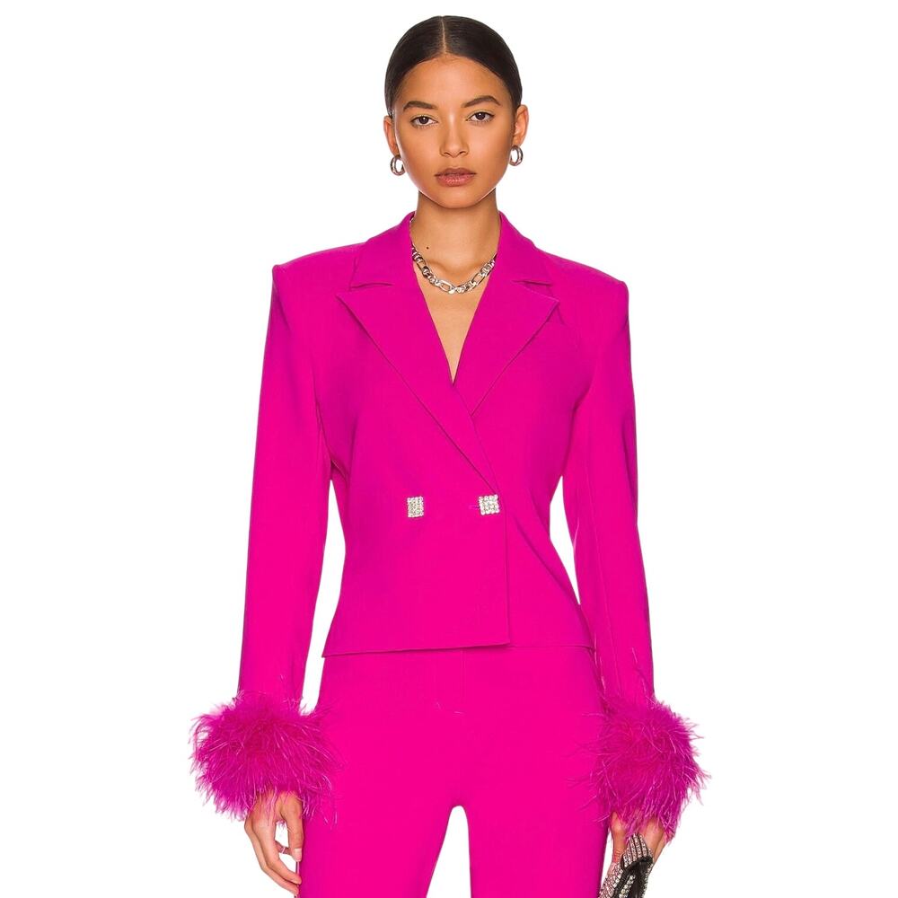 NWT NBD Elisha "Fuchsia" Hot Pink Feather Trim Rhinestone Button Blazer Glam